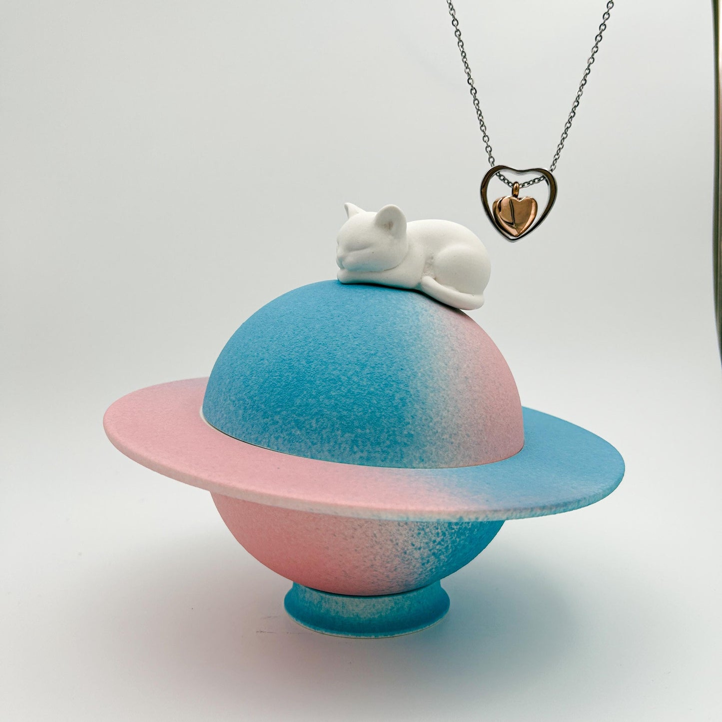 Custom Cat Urn and Separate Ashes Necklace – Paintable Ceramic Planet Cat Figurine & Memorial Box