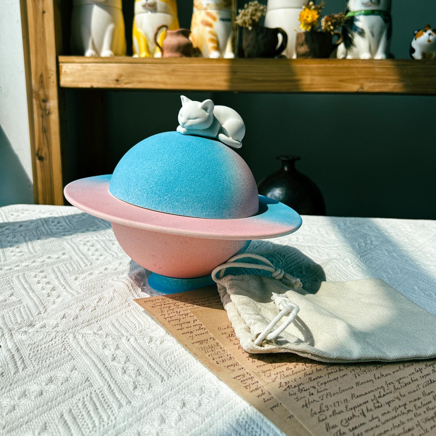Custom Cat Urn and Separate Ashes Necklace – Paintable Ceramic Planet Cat Figurine & Memorial Box