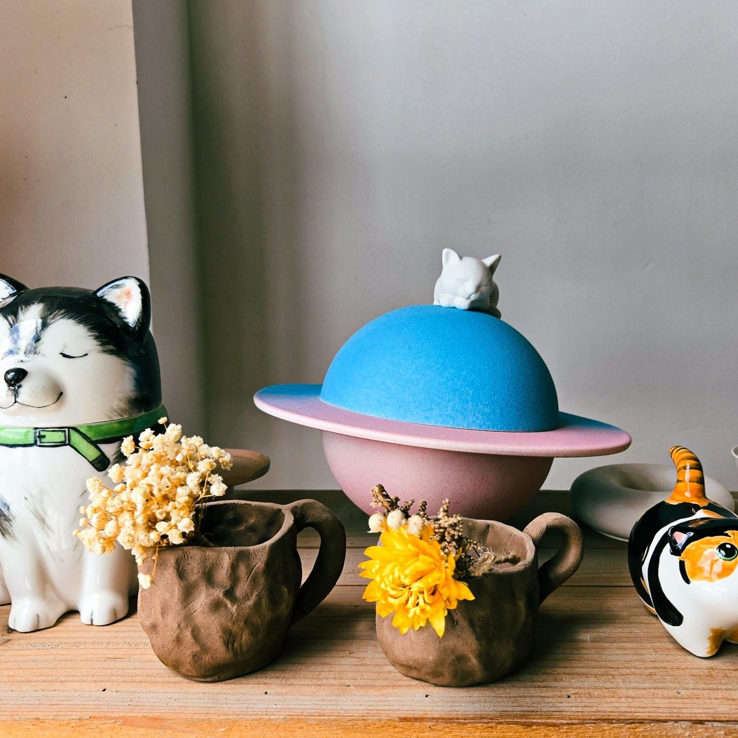 Custom Cat Urn – Ceramic Planet Urn with Paintable Cat Figurine & Keepsake Box