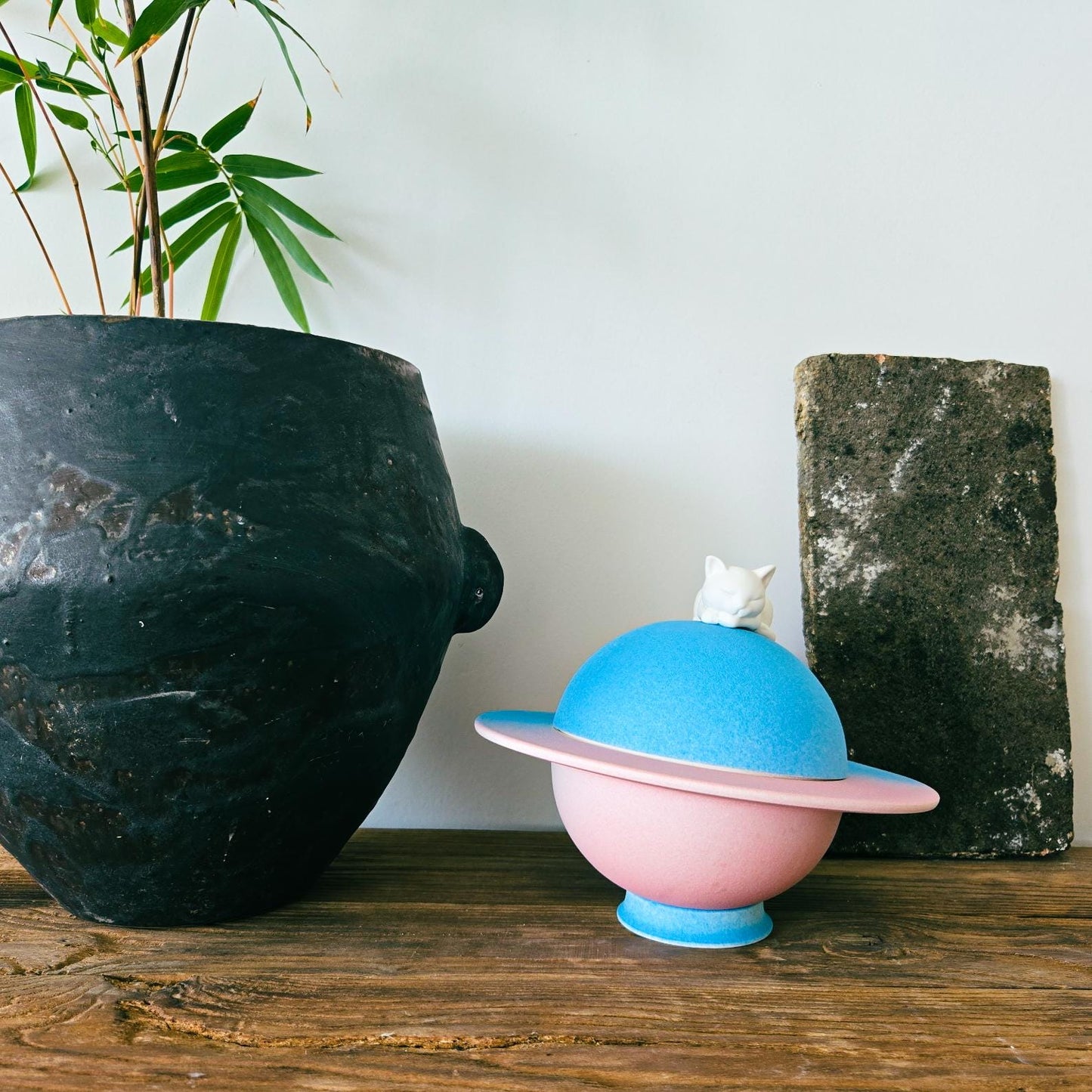 Custom Cat Urn – Ceramic Planet Urn with Paintable Cat Figurine & Keepsake Box