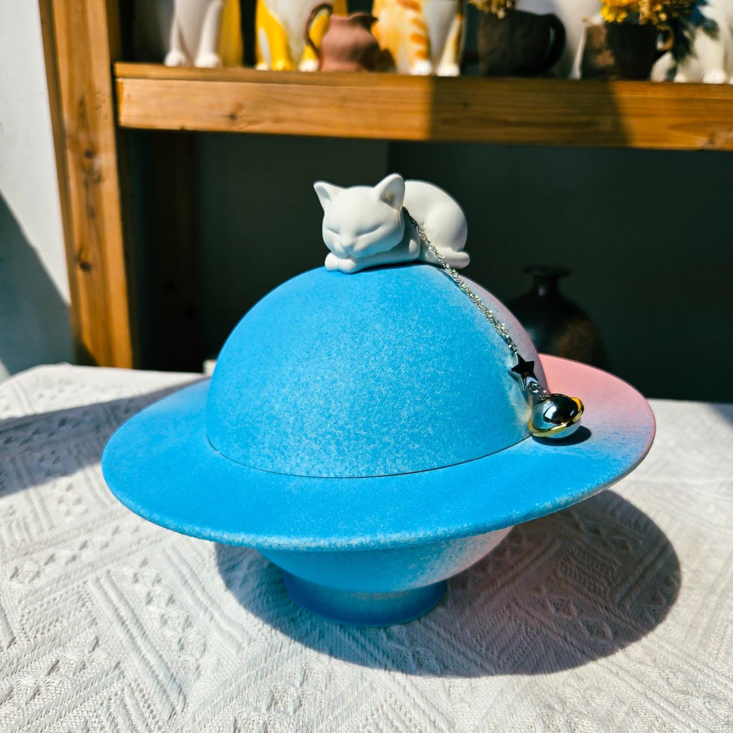 Custom Cat Urn and Separate Ashes Necklace – Paintable Ceramic Planet Cat Figurine & Memorial Box