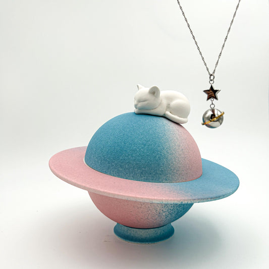 Custom Cat Urn and Separate Ashes Necklace – Paintable Ceramic Planet Cat Figurine & Memorial Box