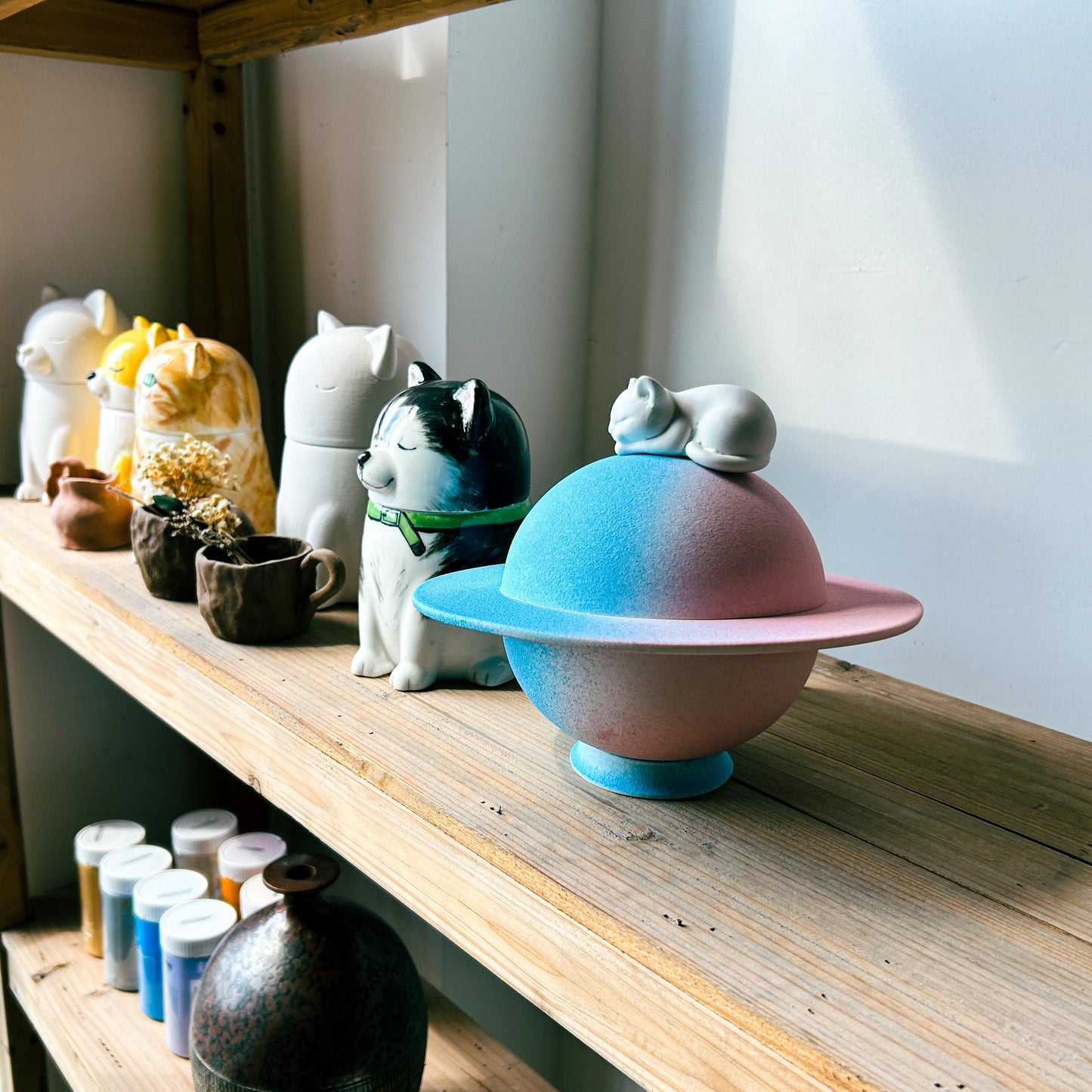 Custom Cat Urn and Separate Ashes Necklace – Paintable Ceramic Planet Cat Figurine & Memorial Box